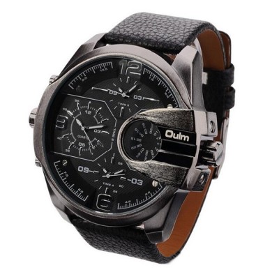 OULM Brand Mens Genuine Leather Strap Big Dial Sports Quartz, 3 Time Zone Waterproof Army Wristwatch with Gift Box Black